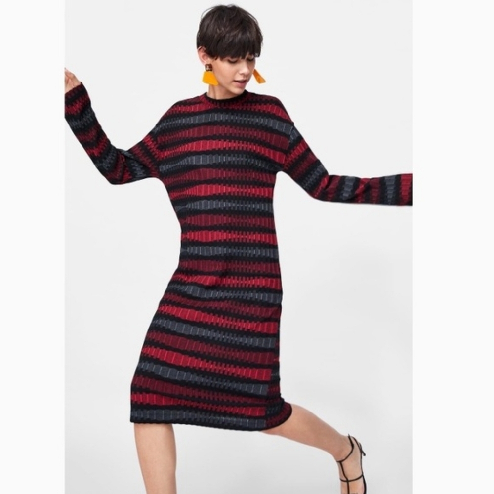 Zara Multicolored Jacquard Knit Midi Dress